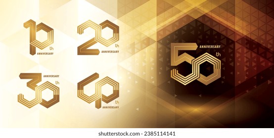 Set of 10 to 50 years Anniversary logo design, Ten to Fifty years anniversary celebration. Abstract Hexagon Infinity Multiple lines, 10,20,30,50 Years Logo golden for event. Polygon Geometric Number