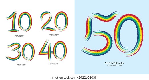 Juego de 10 a 50 años de diseño de logotipo de aniversario, diseño de número 10, 20, 30, 40, 50 años, plantilla de aniversario, elementos de diseño de vectores de aniversario para tarjeta de invitación, afiche, volante, vector de línea colorida