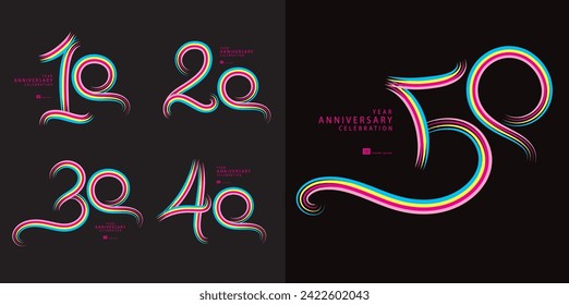 Set of 10 to 50 years Anniversary logotype design, 10, 20, 30, 40, 50 number design, anniversary template, anniversary vector design elements for invitation card, poster, flyer, colorful line vector