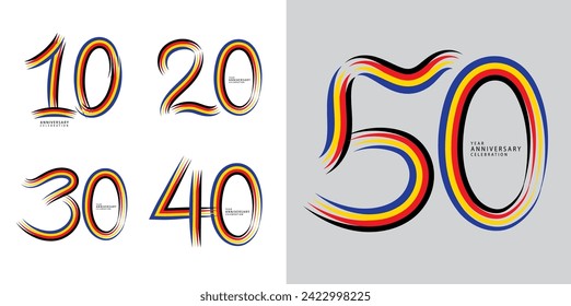 Juego de 10 a 50 años de diseño de logotipo de aniversario, diseño de número 10, 20, 30, 40, 50 años, plantilla de aniversario, elementos de diseño de vectores de aniversario para tarjeta de invitación, afiche, volante, vector de línea colorida