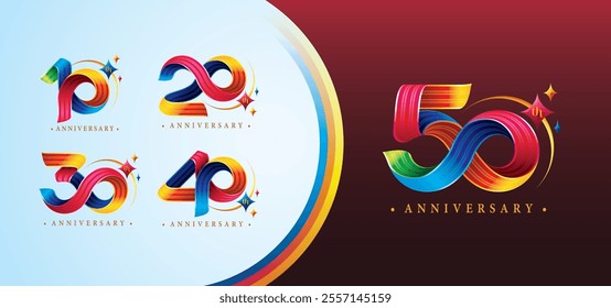 Set of 10 to 50 years Anniversary Colorful logotype design, Abstract Twisted Infinity multiple line Colorful with Star for invitation, Color Celebration Logo. 10,20,30,40,50 year Infinity logo number