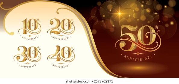 Set of 10 to 50 years Anniversary logo design, Ten to Fifty years Celebrating Anniversary Logo, Golden curved lines Elegant Classic Logo, 10,20,30,40,50, Luxury and Retro numbers for Congratulation