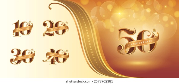 Set of 10 to 50 years Anniversary logo design, Ten to Fifty years Celebrating Anniversary Logo, Red Gold curved Ribbon Elegant Classic Logo, 10,20,30,40,50, Luxury and Retro numbers for Congratulation