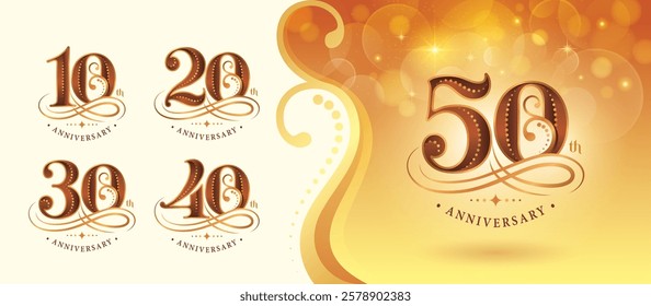 Set of 10 to 50 years Anniversary logo design, Ten to Fifty years Celebrating Anniversary Logo, Gold curved lines dots Elegant Classic Logo, 10,20,30,40,50, Luxury and Retro numbers for Congratulation