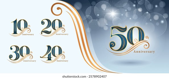 Set of 10 to 50 years Anniversary logo design, Ten to Fifty years Celebrating Anniversary Logo, Gold curved lines Elegant Classic Logo, 10,20,30,40,50, Luxury and Retro number for Congratulation event