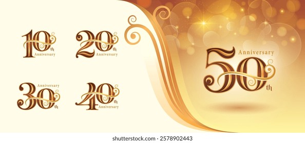 Set of 10 to 50 years Anniversary logo design, Ten to Fifty years Celebrating Anniversary Logo, Gold curved roll lines Elegant Classic Logo, 10,20,30,40,50, Luxury and Retro numbers for Congratulation