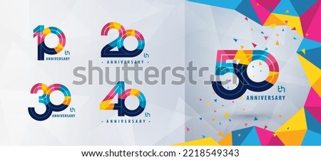 Set of 10 to 50 years Anniversary logotype design, Ten to Fifty years Celebrating Anniversary Logo, Abstract Colorful Geometric Triangle for celebration, 10, 20, 30 ,40, 50, Color Number Sign logo