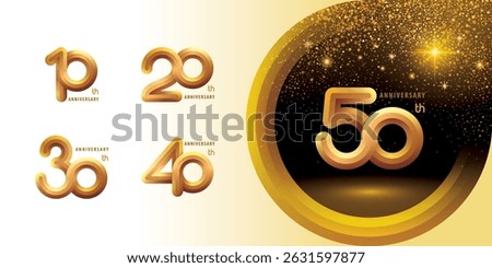 Set of 10 to 50 years Anniversary logo design, Ten to Fifty years Celebrating Logo. Abstract Gold Infinity Round Embossed number 10, 20, 30 ,40, 50  logos bulge for celebration event, invitation