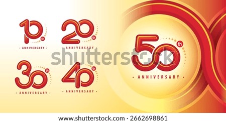 Set of 10 to 50 years Anniversary logotype design, Ten to Fifty years Celebrating Logo. Abstract red embossed Infinity Round number 10, 20, 30 ,40, 50, Infinity loop logo Rounded line for celebration