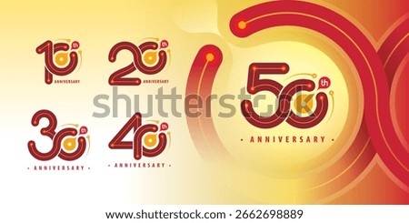 Set 10 to 50 years Anniversary logotype design, Ten to Fifty years Celebrating Logo. Abstract Infinity Round number 10, 20, 30 ,40, 50, Red Infinity logos with Chemistry Molecules cell for celebration