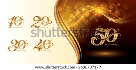 Set 10 to 50 years Anniversary logotype design, Ten to Fifty years Celebrating Anniversary Logo, Gold Curved Lines Elegant Serif Number 10,20,30,40,50, Luxury Classic Retro Logos for Celebration event