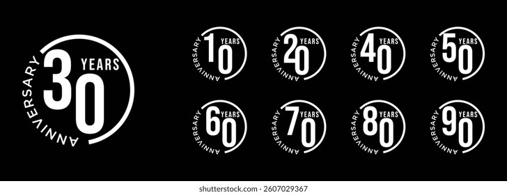 set of 10 to 90 anniversary logo styles in flat white on black background for celebration