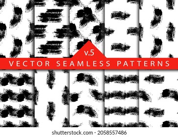 Set 10 Abstract Brush Seamless Patterns Stripe and Stroke Background in Black Color. Geometrical Shape Design Elements for Textile and Wallpaper