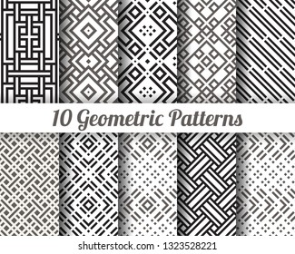 Set of 10 Abstract patterns. Black and white seamless vector backgrounds.