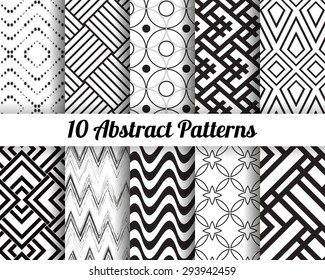 Set of 10 Abstract patterns. Black and white seamless vector backgrounds.