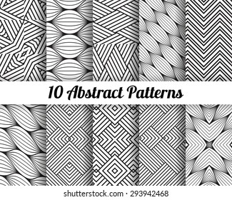 Set of 10 Abstract patterns. Black and white seamless vector backgrounds.