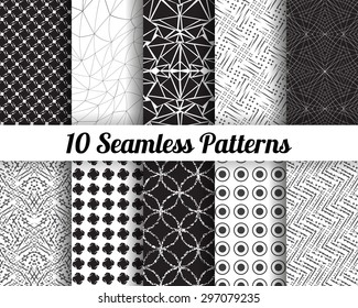 Set of 10 Abstract patterns. Black and white seamless vector backgrounds.