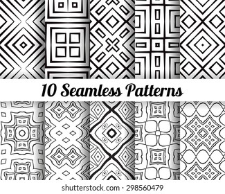 Set of 10 Abstract patterns. Black and white seamless vector backgrounds.