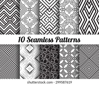 Set of 10 Abstract patterns. Black and white seamless vector backgrounds.