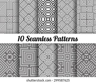 Set of 10 Abstract patterns. Black and white seamless vector backgrounds.