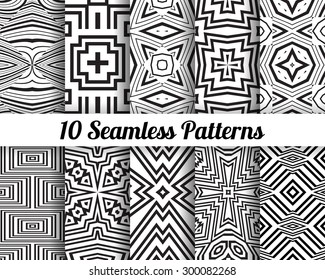 Set of 10 Abstract patterns. Black and white seamless vector backgrounds.