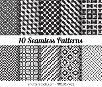 Set of 10 Abstract patterns. Black and white seamless vector backgrounds.