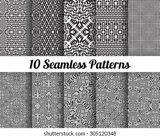 Set of 10 Abstract patterns. Black and white seamless vector backgrounds.