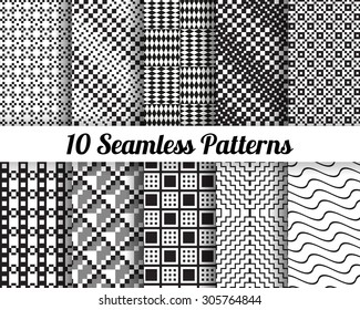Set of 10 Abstract patterns. Black and white seamless vector backgrounds.