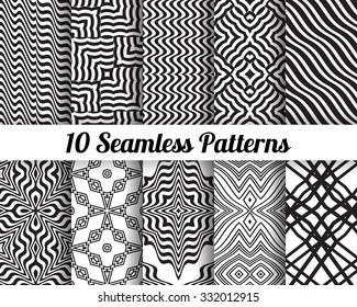 Set of 10 Abstract patterns. Black and white seamless vector backgrounds.