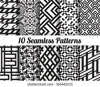 Set of 10 Abstract patterns. Black and white seamless vector backgrounds.