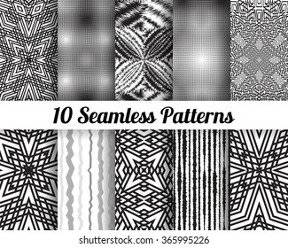 Set of 10 Abstract patterns. Black and white   seamless pattern vector backgrounds