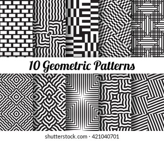 Set of 10 Abstract patterns. Black and white seamless vector backgrounds.