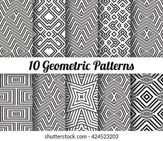 Set of 10 Abstract patterns. Black and white seamless vector backgrounds.