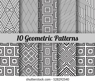 Set of 10 Abstract patterns. Black and white geometric seamless pattern. Simple regular background. Vector illustration