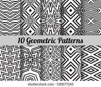 Set of 10 Abstract patterns. Black and white seamless vector backgrounds.