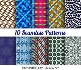 Set of 10 Abstract patterns. Color seamless vector backgrounds.
