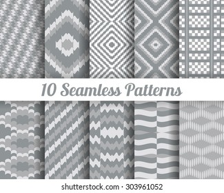 Set of 10 Abstract patterns. Gray seamless vector backgrounds.