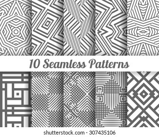 Set of 10 Abstract patterns. Gray seamless vector backgrounds.