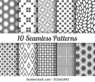 Set of 10 Abstract patterns. Gray seamless vector backgrounds.