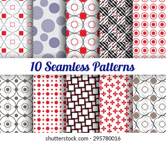 Set of 10 Abstract round patterns. Color seamless vector backgrounds.