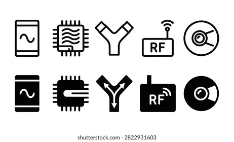 Set of 10 acoustophoretic microfluidic sorting icons showing acoustic chips, Y-channels, RF transmitters, and transducers vector elements
