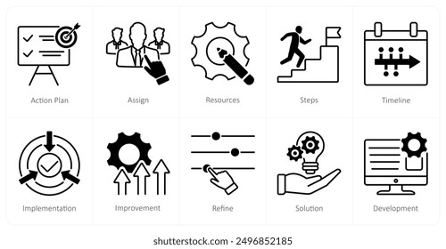 A set of 10 Action Plan icons as action plan, assign, resources