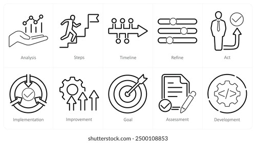 A set of 10 action plan icons as analysis, steps, timeline