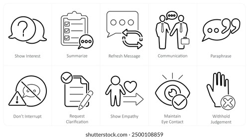 A set of 10 active listening icons as show interest, summarize, refresh message