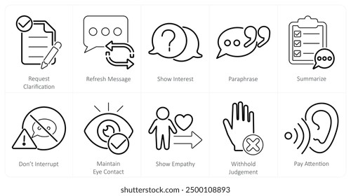 A set of 10 active listening icons as request clarification, refresh message, show interest