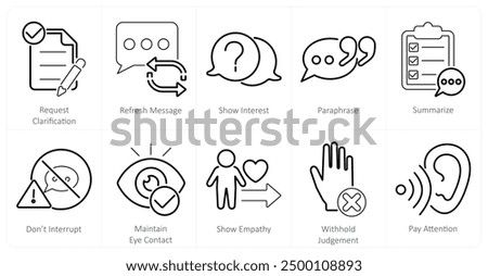 A set of 10 active listening icons as request clarification, refresh message, show interest