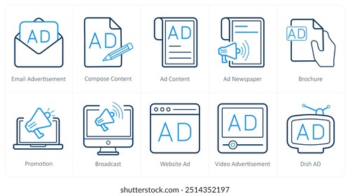 Un conjunto de 10 anuncios e iconos de marketing como publicidad por correo electrónico, componer contenido