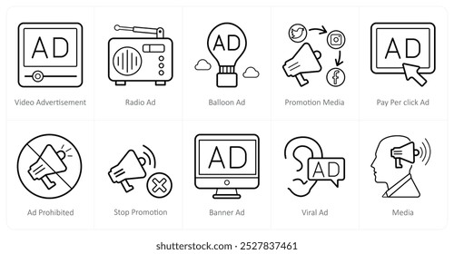 A set of 10 ads and marketing icons as video advertisement, radio ad, balloon ad
