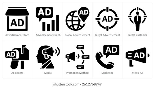 A set of 10 ads and marketing icons as advertisement store, advertisement graph, global advertisement