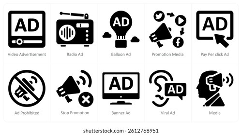 A set of 10 ads and marketing icons as video advertisement, radio ad, balloon ad